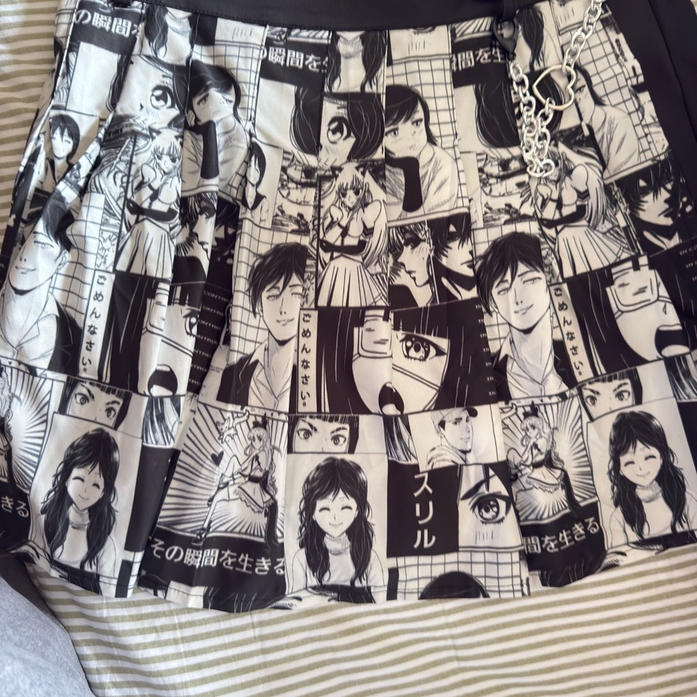 Monochrome Anime Print Skater Skirt